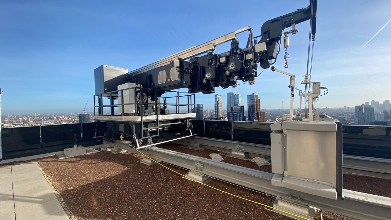 An elevator shaft in a tall, modern building