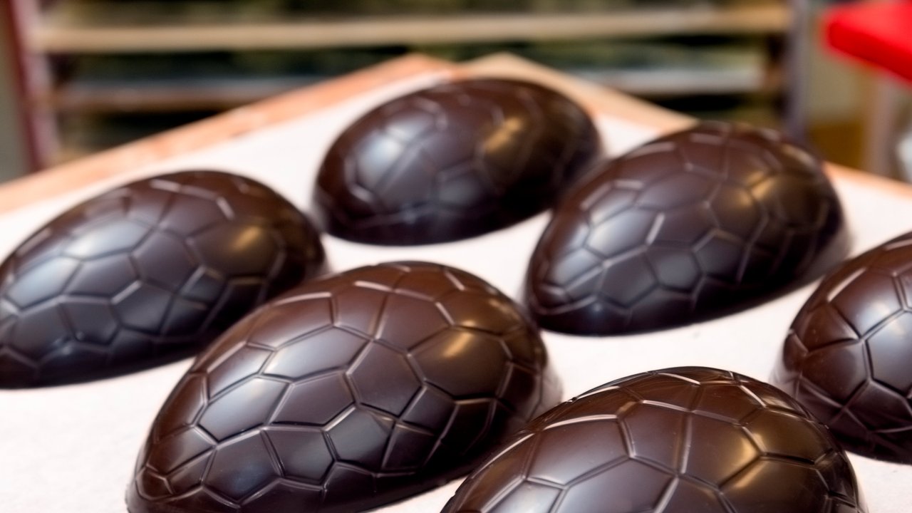 Chocolate Easter eggs in production