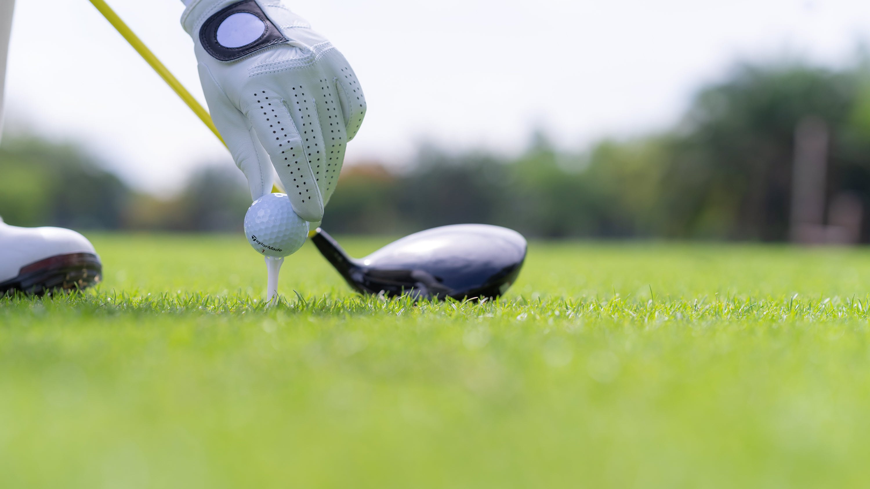 A golfer's hand places a golf ball on a tee, with a driver club visible on the grass.