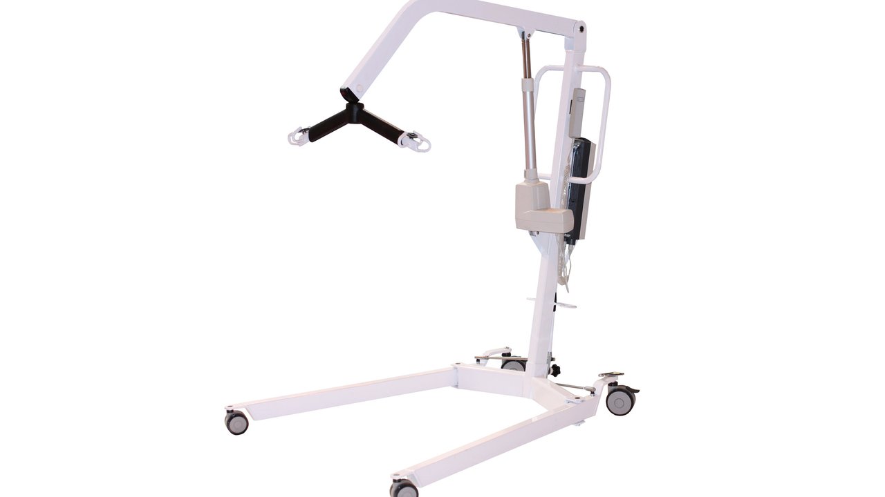 A white patient lift with a curved arm and two lifting straps, mounted on a wheeled base.