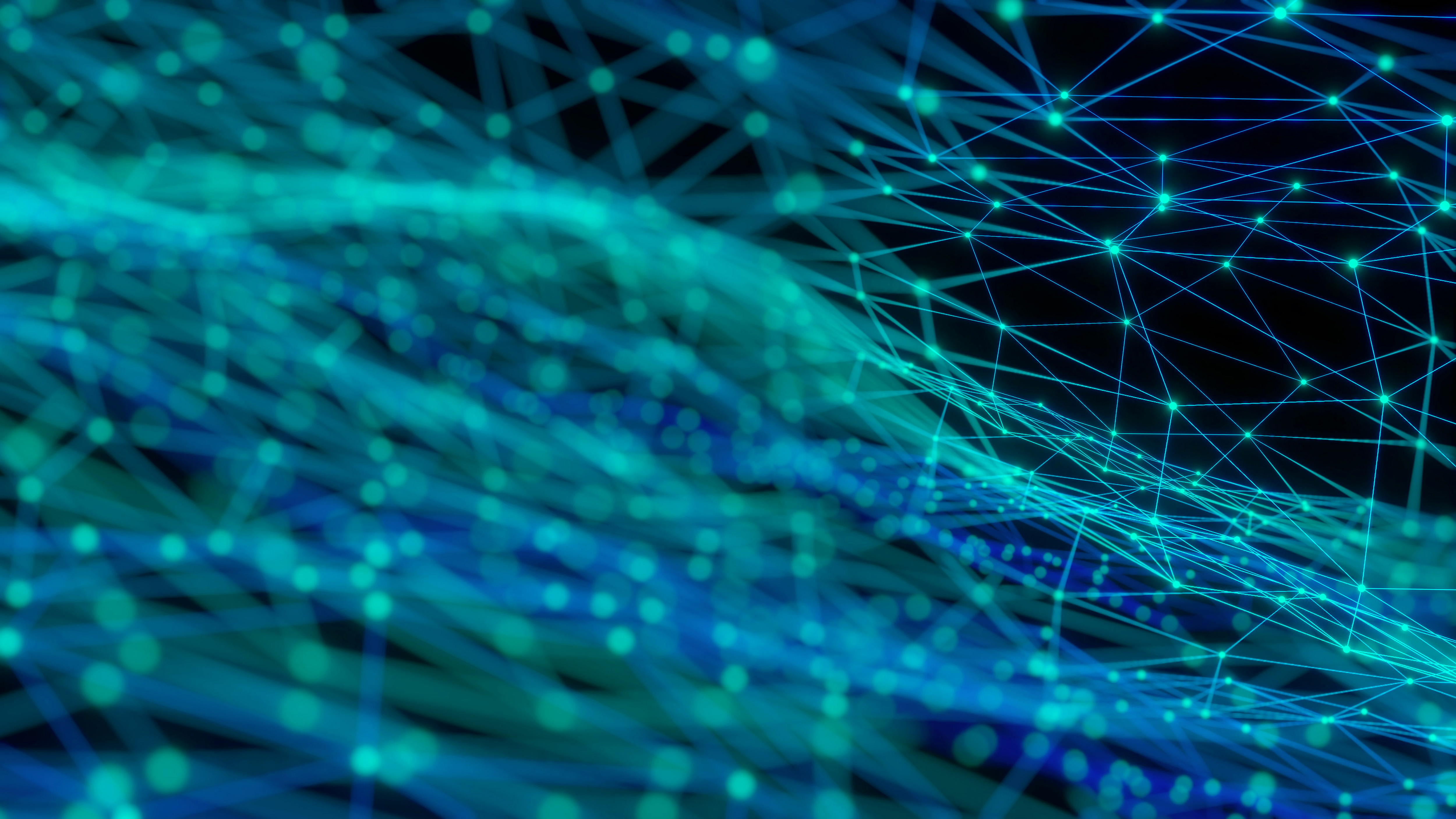 Abstract digital network with blue and green lines and dots on a dark background.