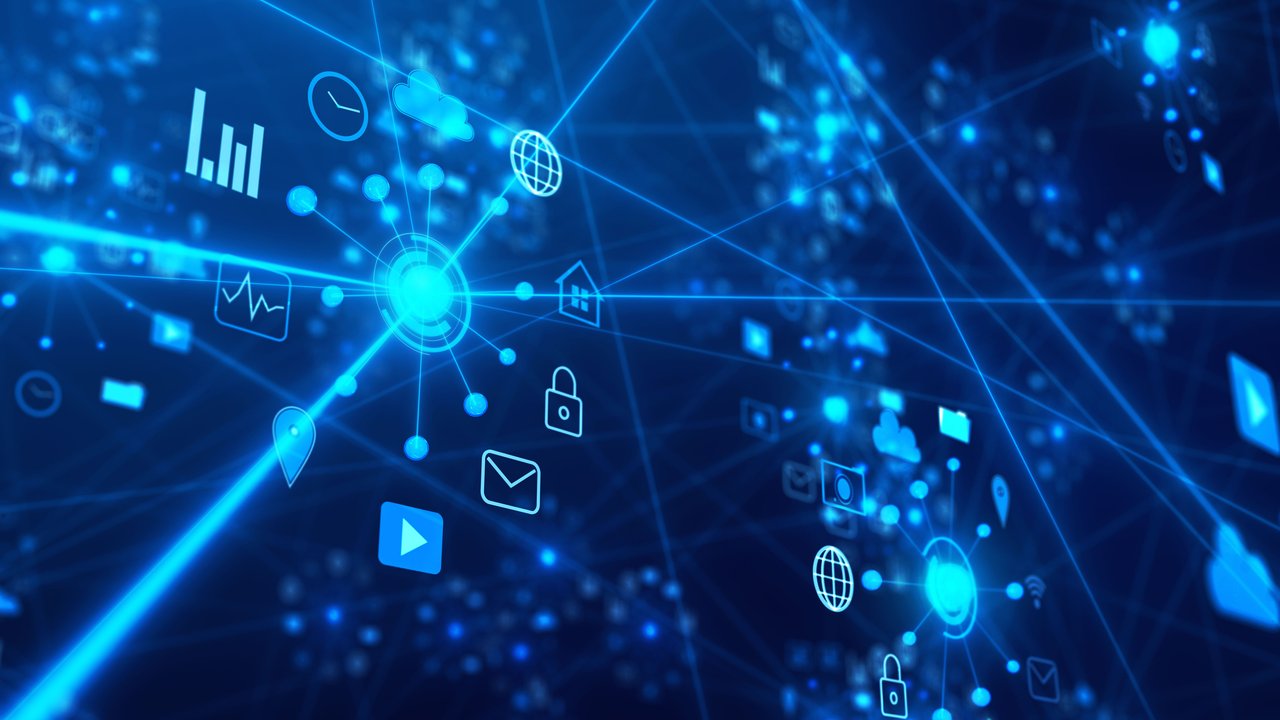 A vibrant blue digital network scene features interconnected icons representing various online activities and data. Central to the image is a glowing orb, surrounded by symbols like a globe, padlock, and graphs. Radiating lines create a sense of depth, illustrating connectivity and the flow of information.