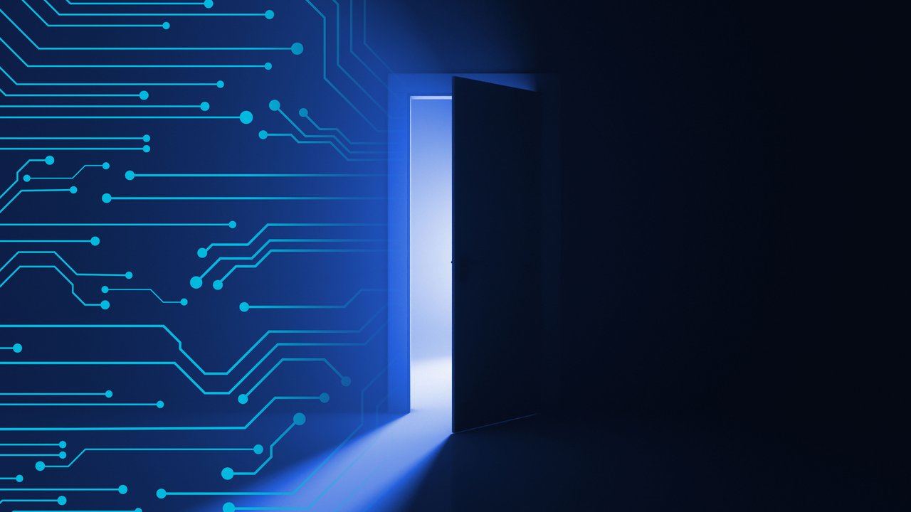 Digital illustration of home front door with data lines