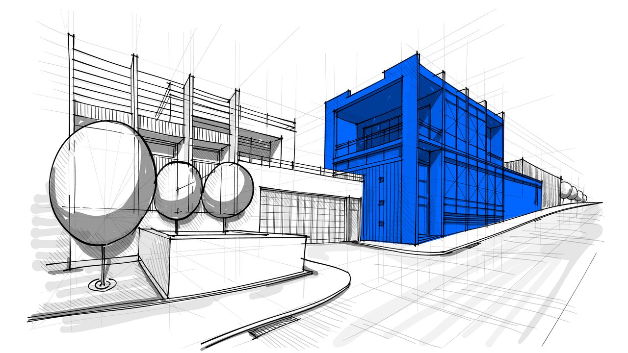 Architectural planning blueprint drawing of commercial office park