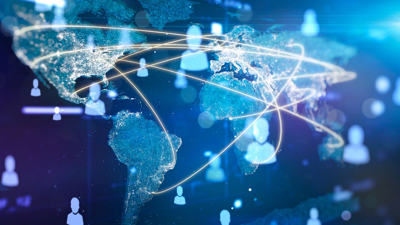 People communication network on a glowing particle global map.