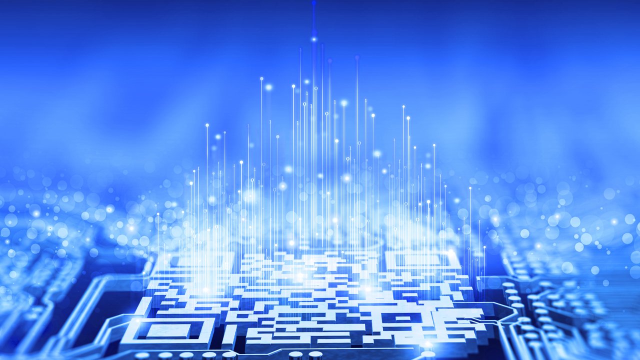 3d technology illustration of a fingerprint scanner is integrated into the printed circuit.