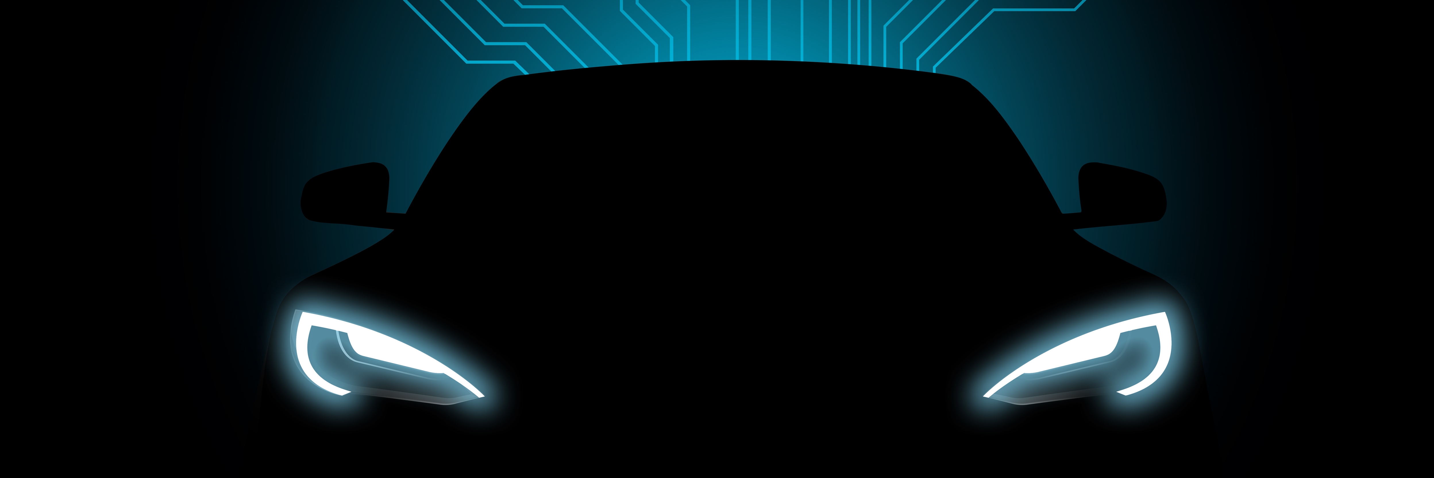 Digital illustration of modern car with cyber data lines graphic