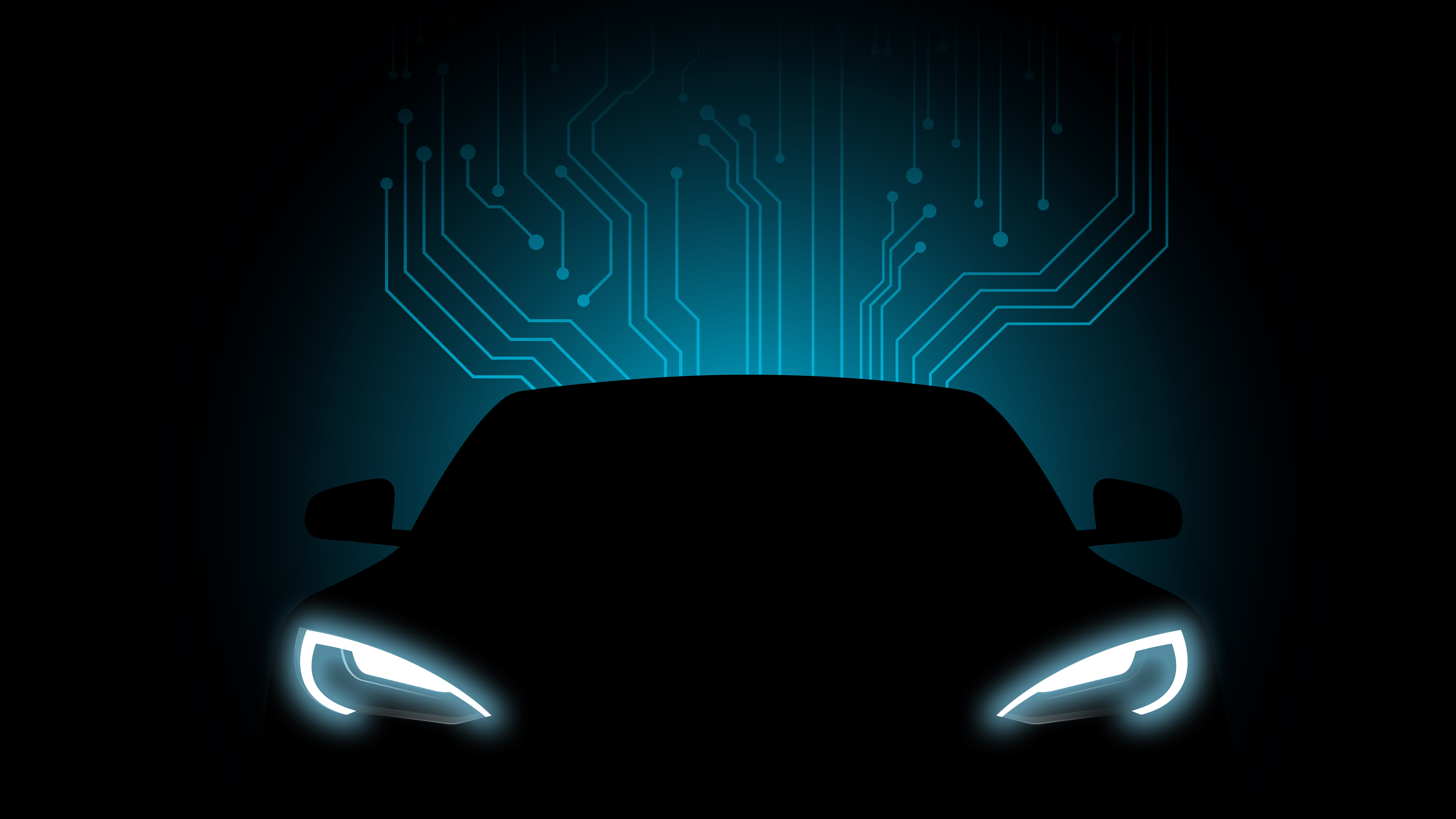 Digital illustration of modern car with cyber data lines graphic