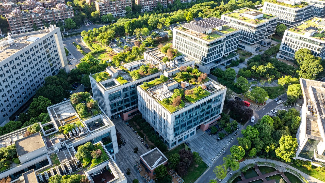 HSB Energy Efficiency Insurance Green roof, covered with plants, Green Cityscape, Urban Architecture, Aerial Perspective
