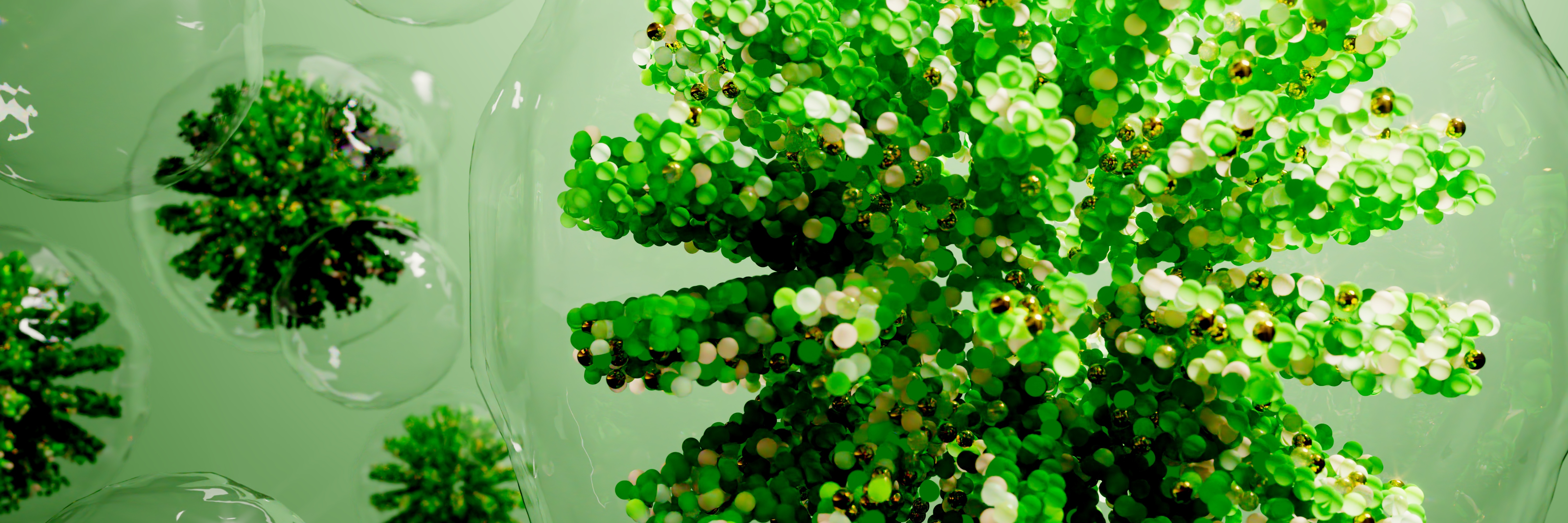 Digital generated image of green drops of liquid or hydrogen molecules inside transparent spheres.