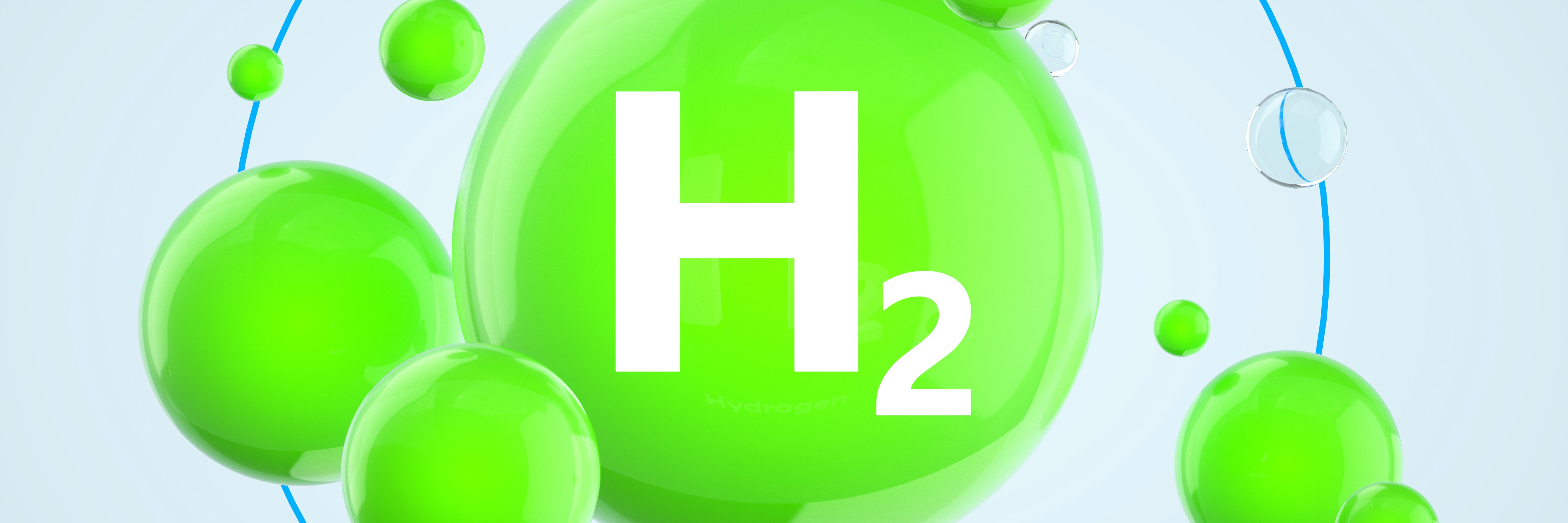 Digital generated image of green spheres forming H2 hydrogen icon against white background.