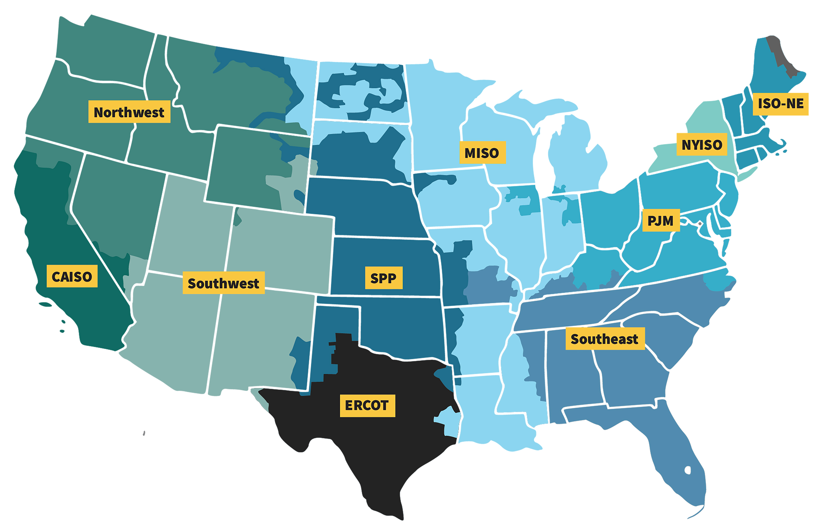 A colorful map of the continental United States, divided into various energy regions. Each region is shaded in different tones of blue and green, with labels indicating regional organizations like CAISO, ERCOT, and PJM. The map highlights the geographical distribution of these energy markets across the country.