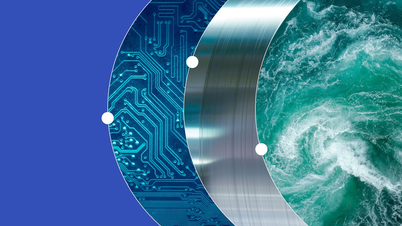 Computer chip, metal, and ocean waves semi-circular pattern