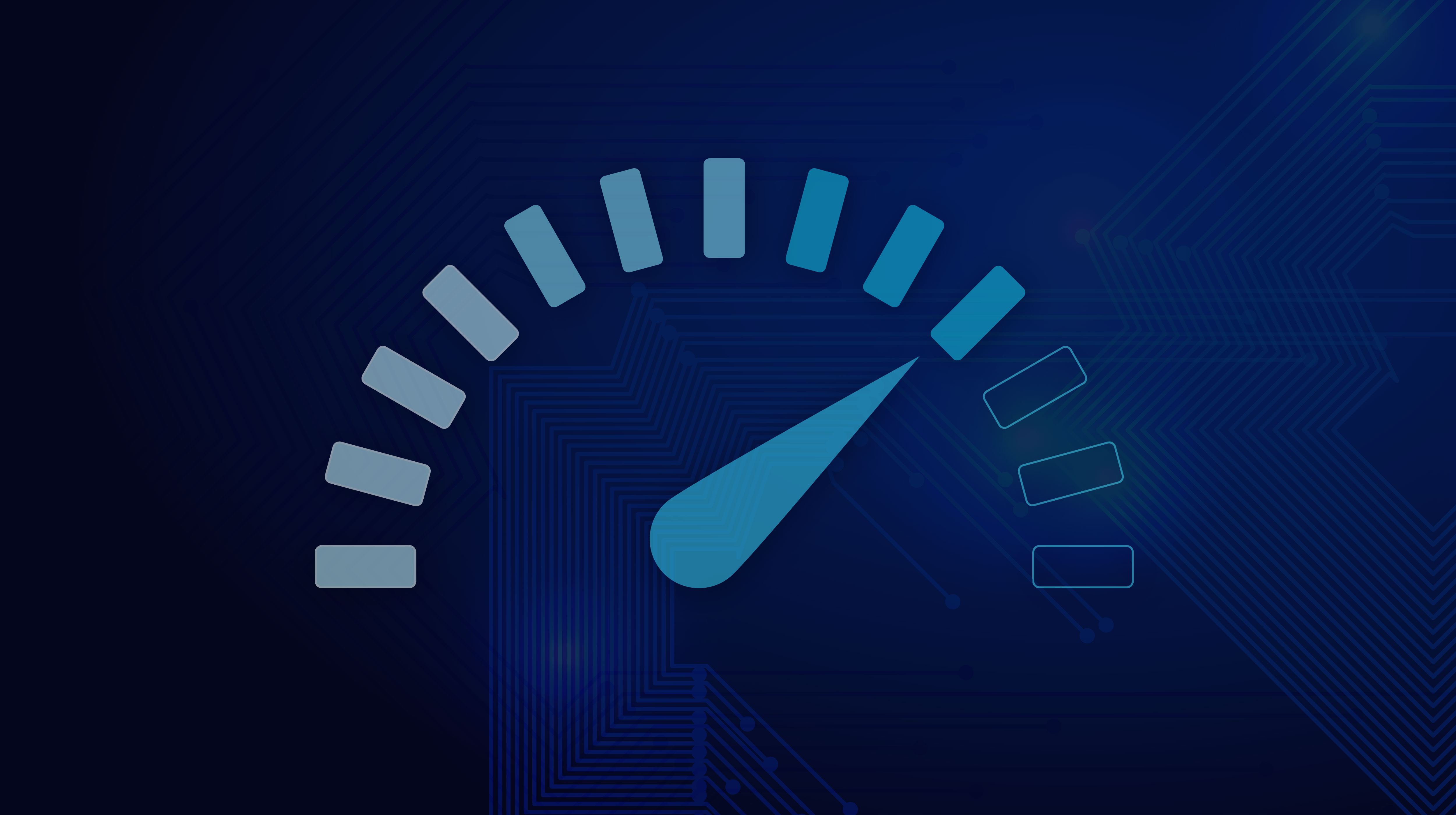 A speedometer graphic with a blue background, featuring a needle and several markers.