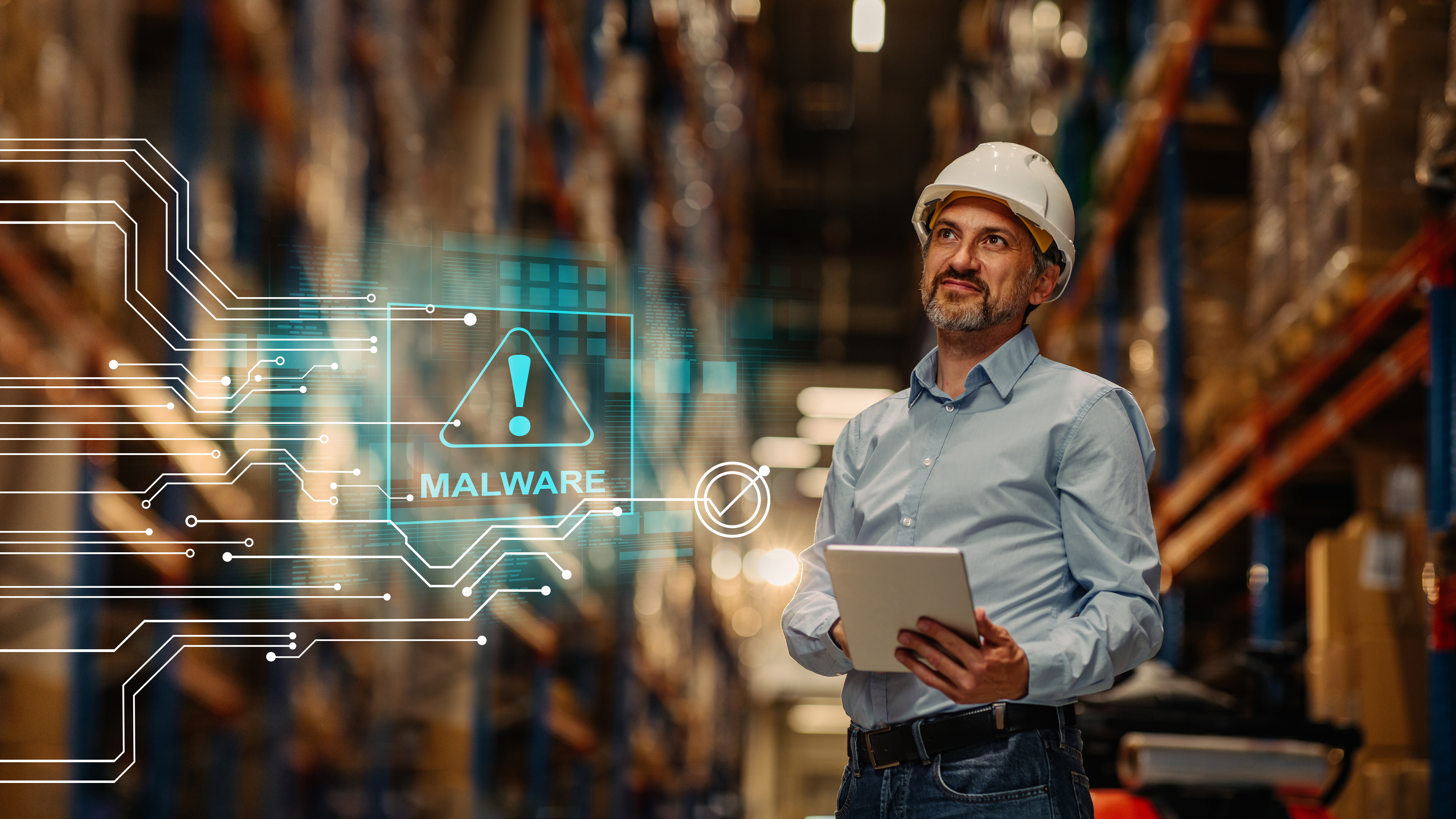 Male engineer wearing hard hat holding computer tablet