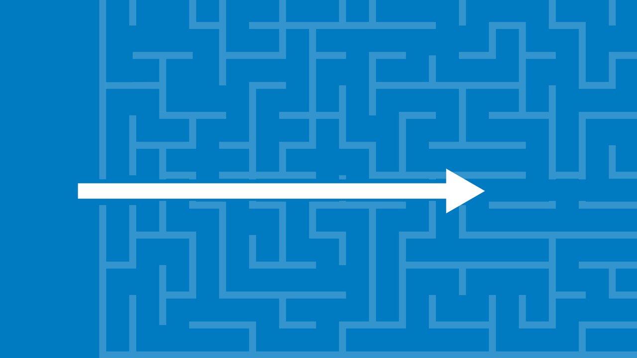 HSB FastTrack A blue background with a maze pattern and a white arrow pointing right.