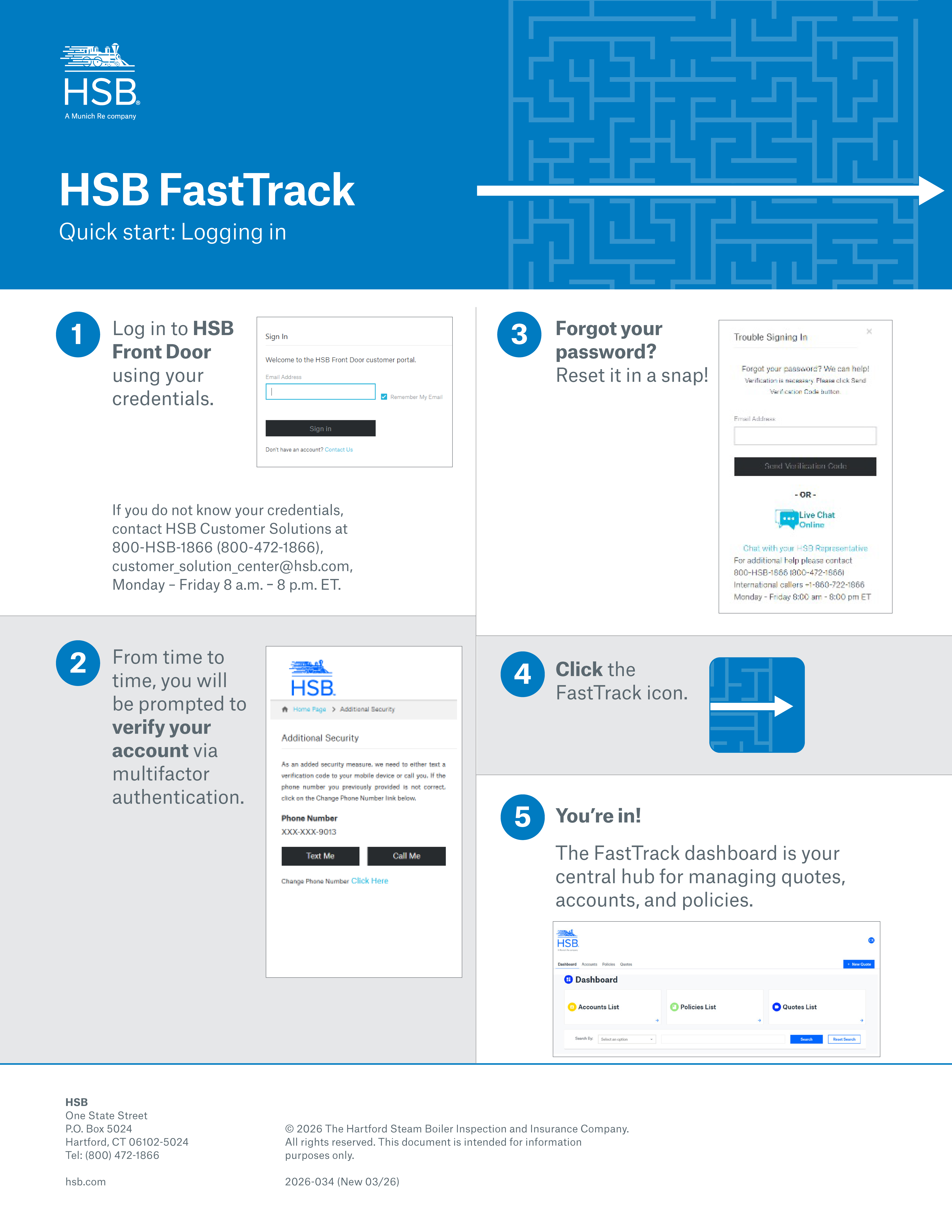 Instructions for logging into HSB FastTrack with visuals of sign-in and account verification steps.