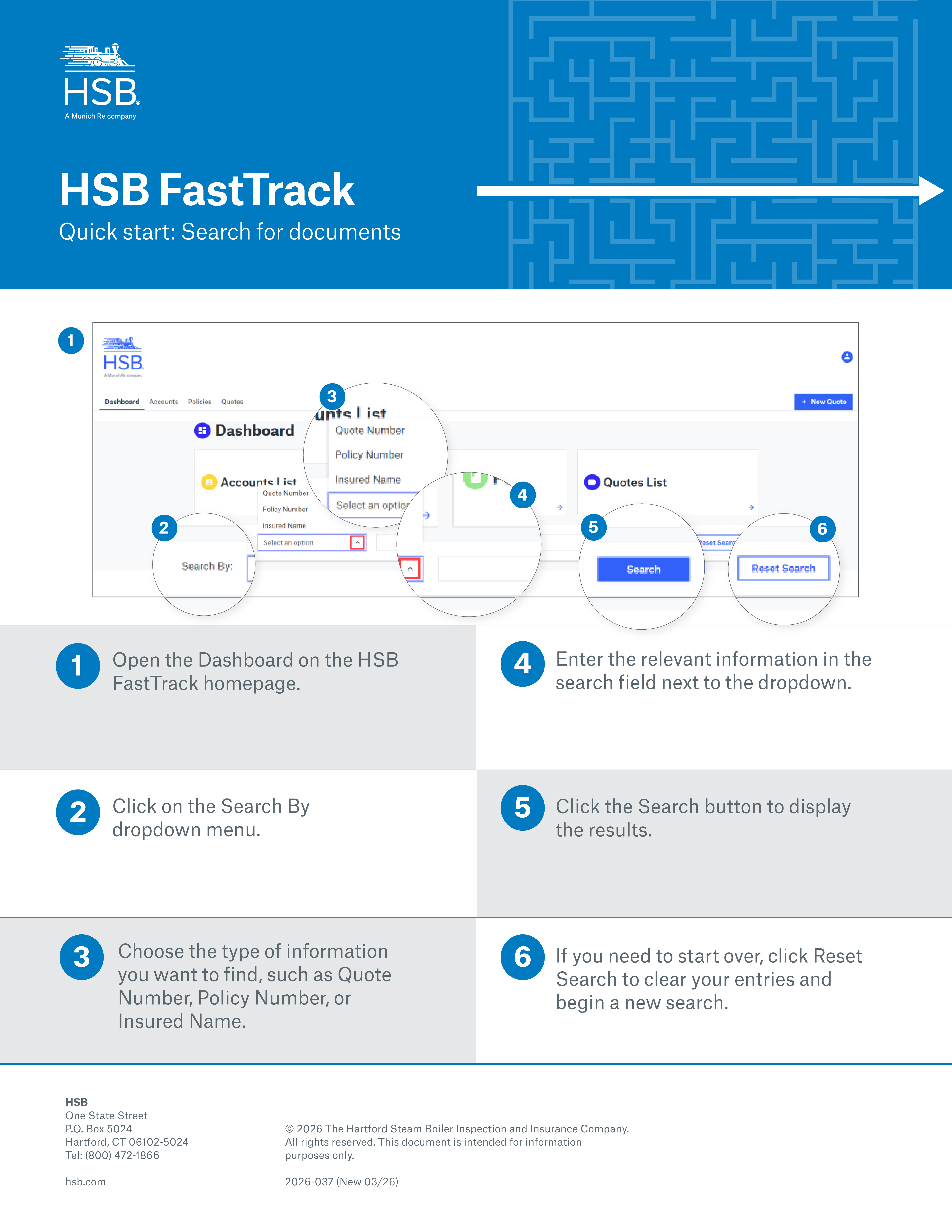 Screenshot of HSB FastTrack dashboard with steps for searching documents and dropdown menu options.