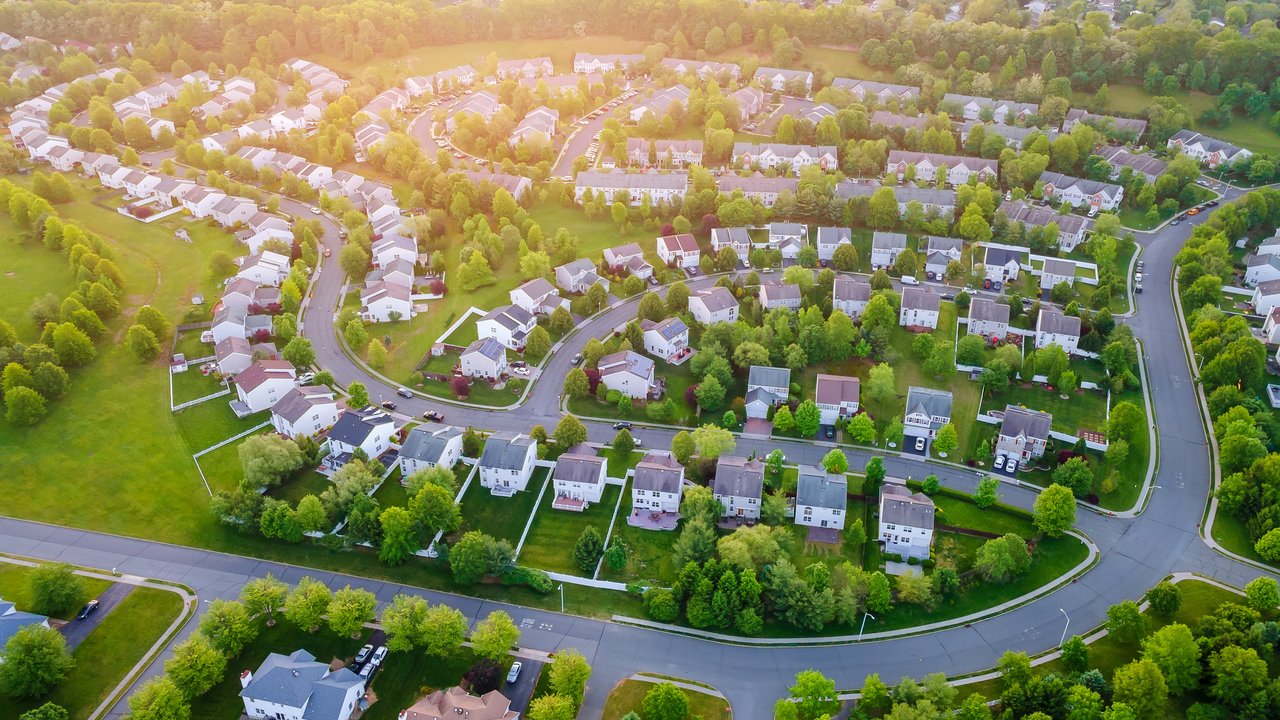 Aerial panorama view of a small town city home roofs at suburban residential quarters an New Jersey US