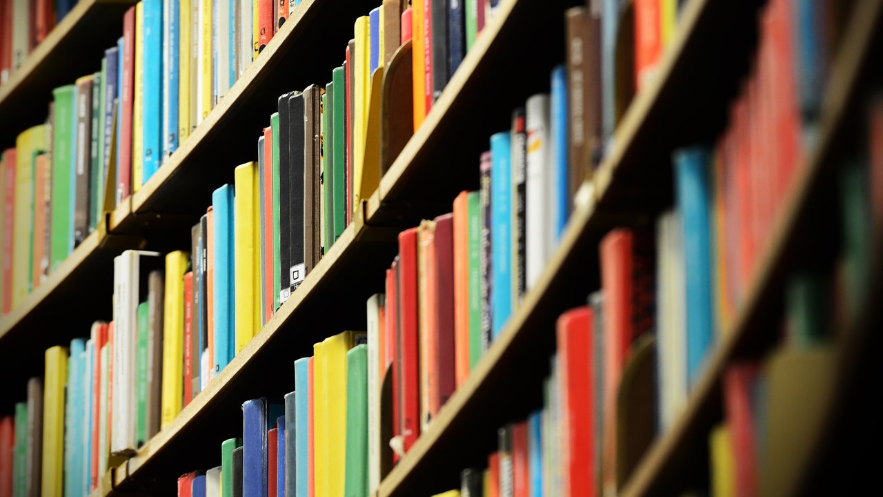 A vibrant, curved bookshelf displays a diverse array of books in various colors and sizes. The spines feature bright hues like red, blue, yellow, and green, creating a visually striking pattern. The arrangement suggests a welcoming space for exploration and learning, inviting viewers to discover the stories within.