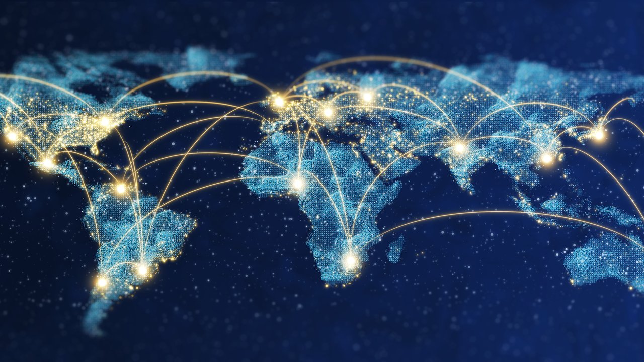 Blue hologram particle world map and network communication.