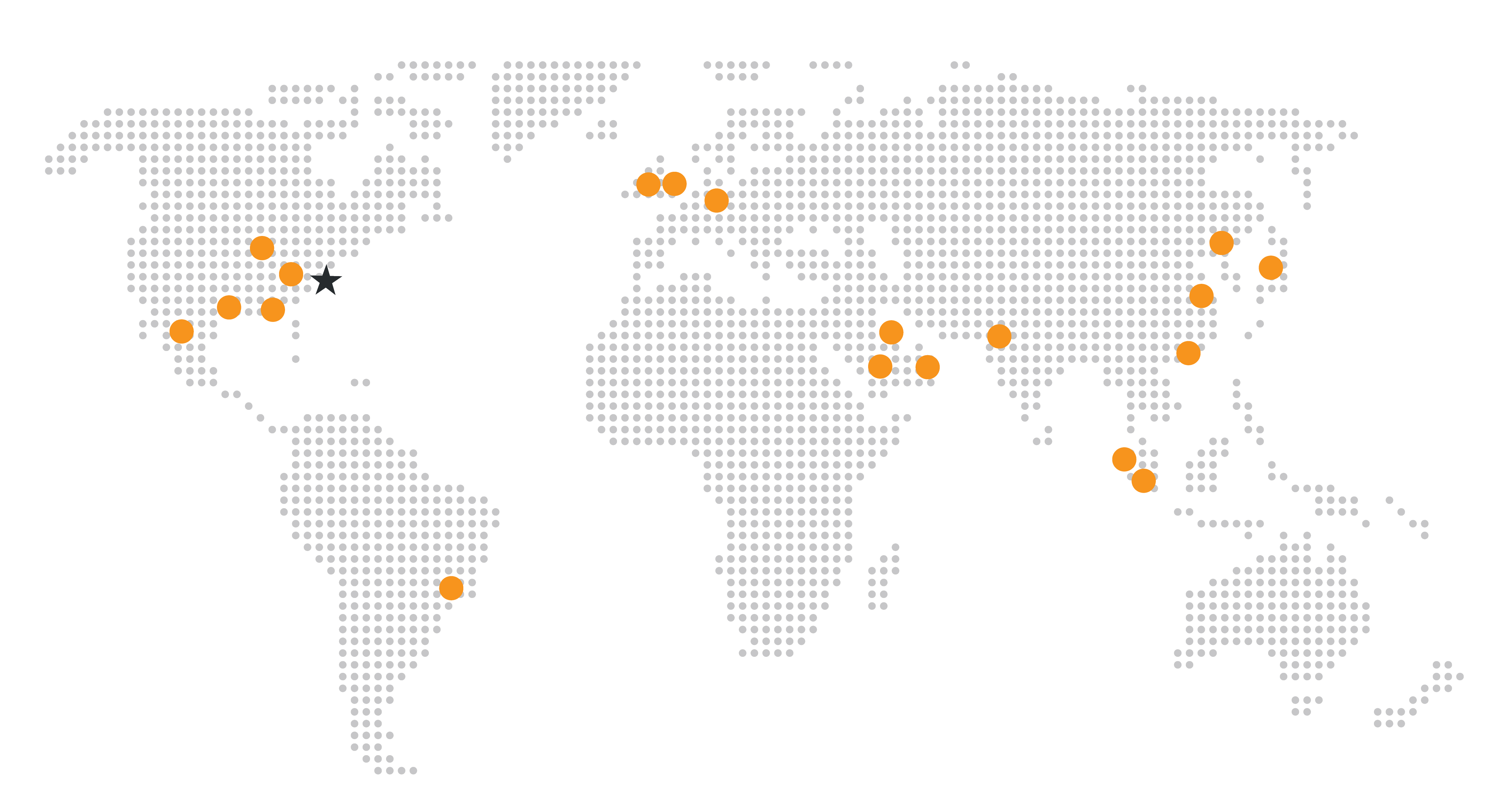 World map with dotted gray background, featuring orange dots in various locations and a black star in the USA.
