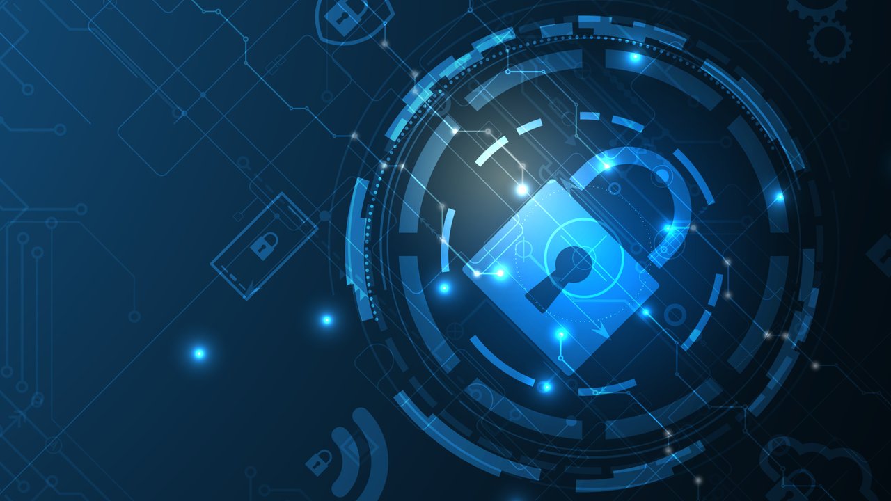 OEM Digital Services Whitepaper Digital illustration of cyber security lock inside circles and icon graphics.