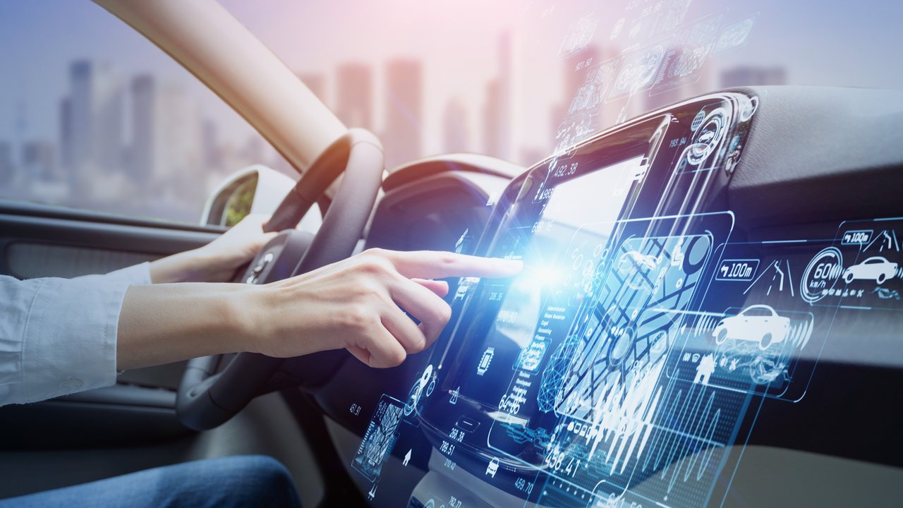futuristic vehicle and graphical user interface(GUI). intelligent car. connected car. Internet of Things. Heads up display (HUD).