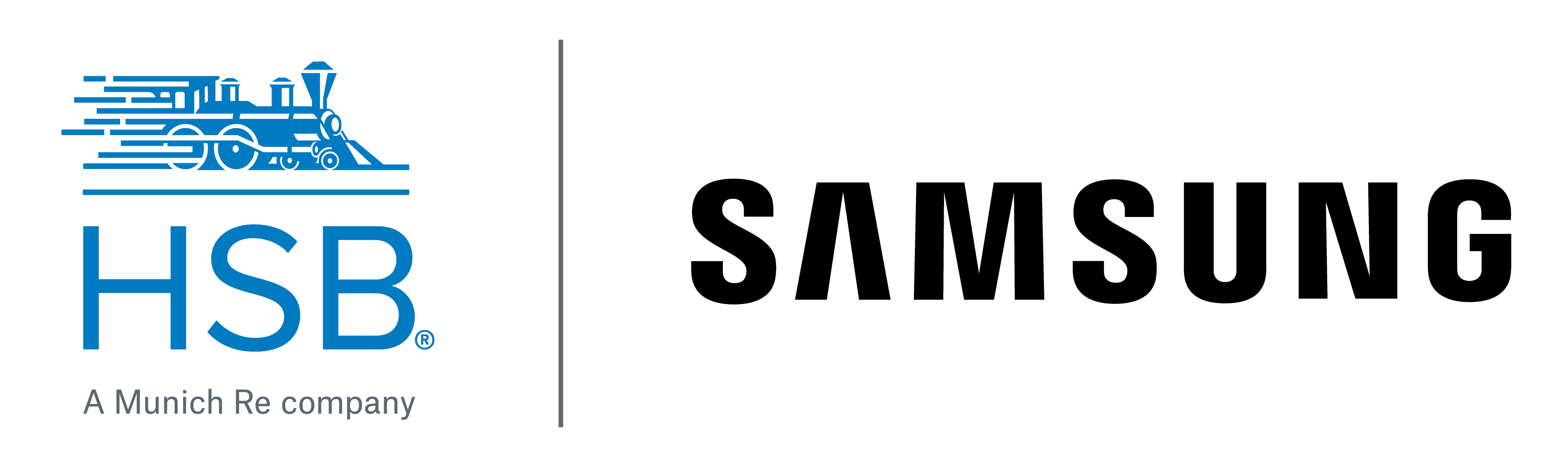 A blue graphic of a vintage steam locomotive, depicted in motion with speed lines, represents HSB, a Munich Re company. Next to it, the bold, black word "SAMSUNG" stands out, emphasizing a modern, sleek design. The layout is clean, with a clear division between the two elements, enhancing brand recognition.