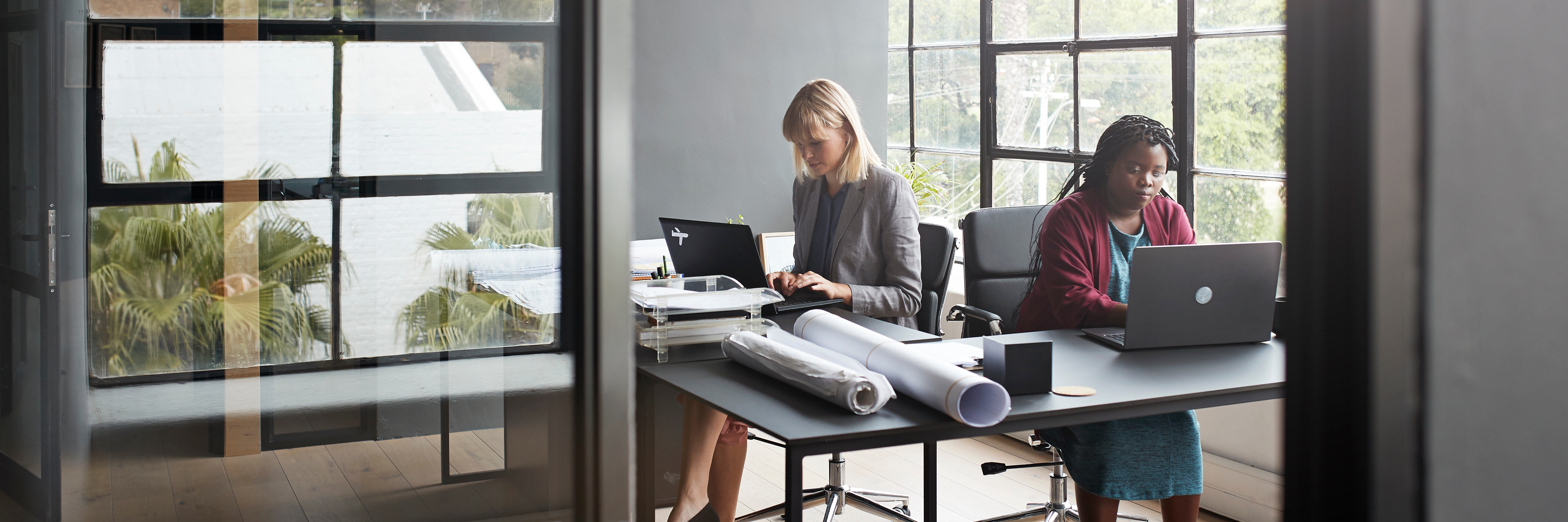 Businesswomen working on laptop at desk in modern office.