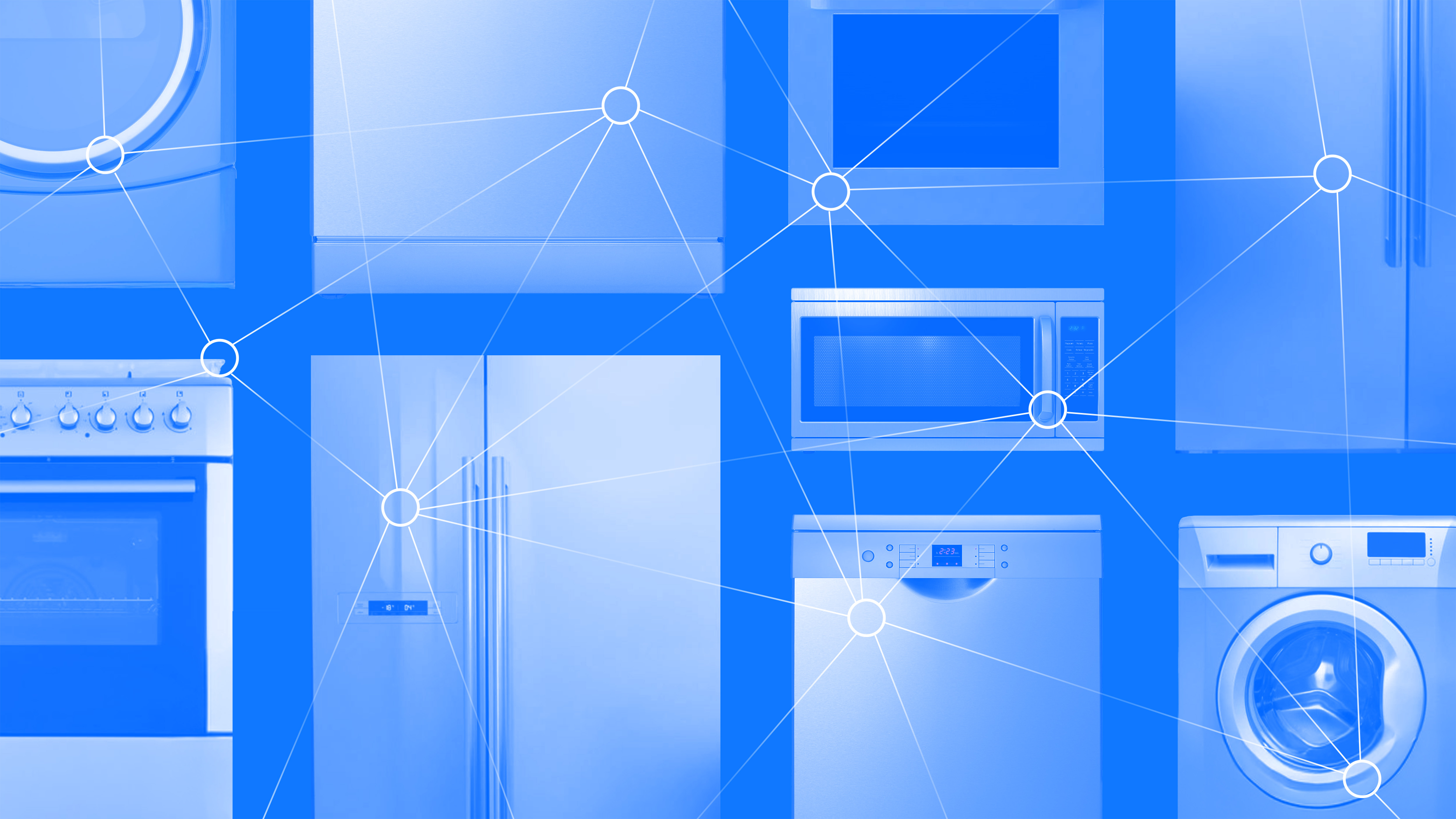 A collage of various kitchen appliances including a refrigerator, oven, microwave, dishwasher, and washing machine.