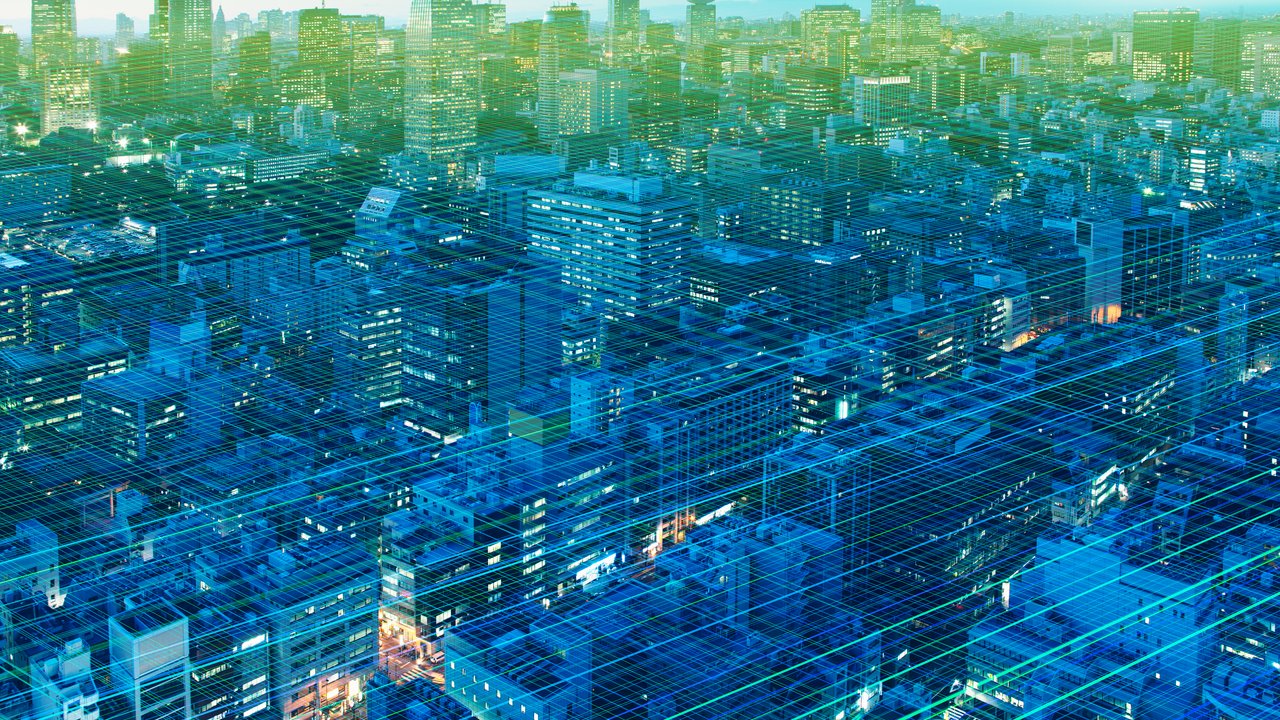 Digital image of aerial city view with graphic connected lines