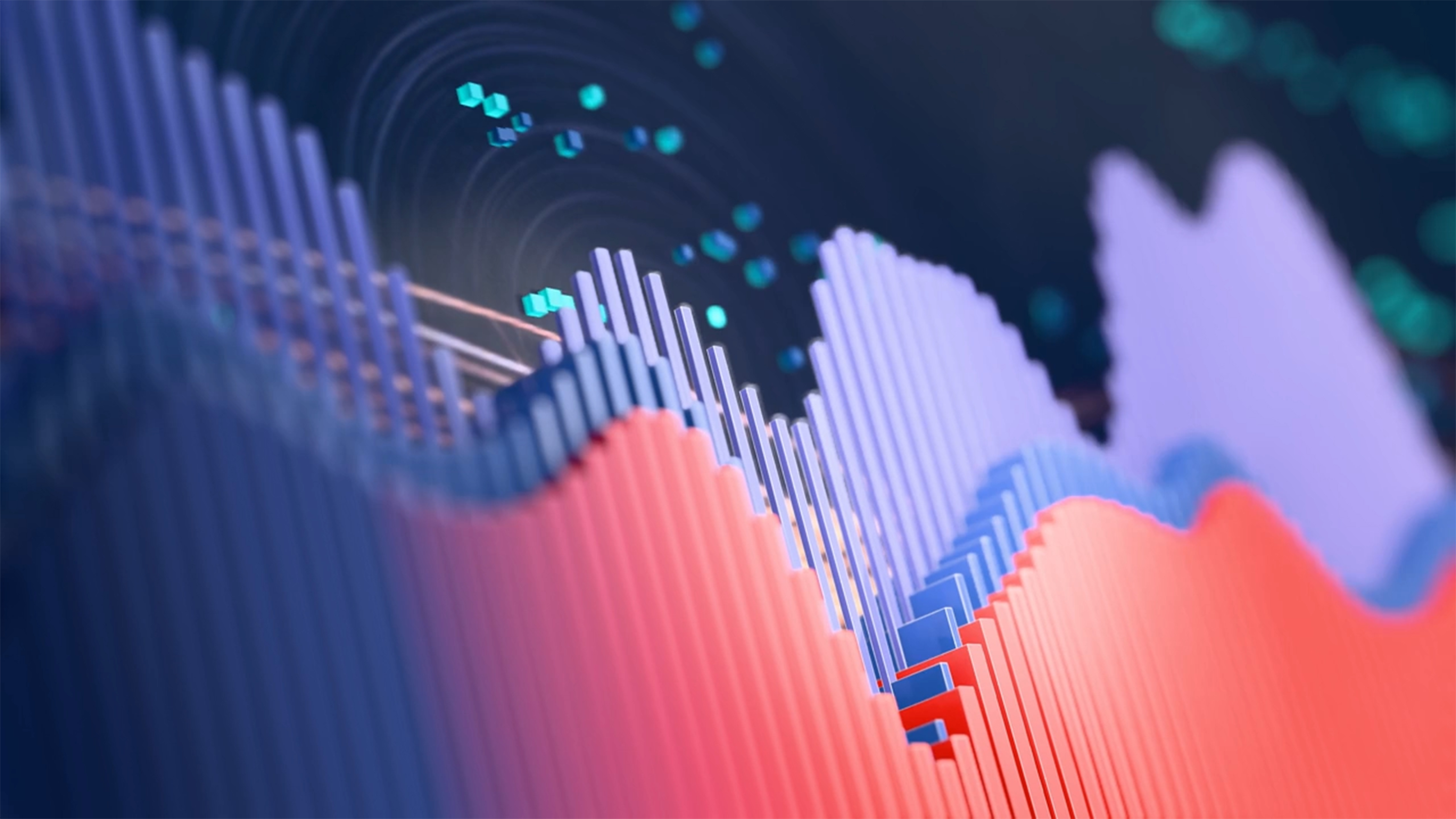 Abstract digital visualization of colorful waveforms in blue, pink, and purple against a dark background.