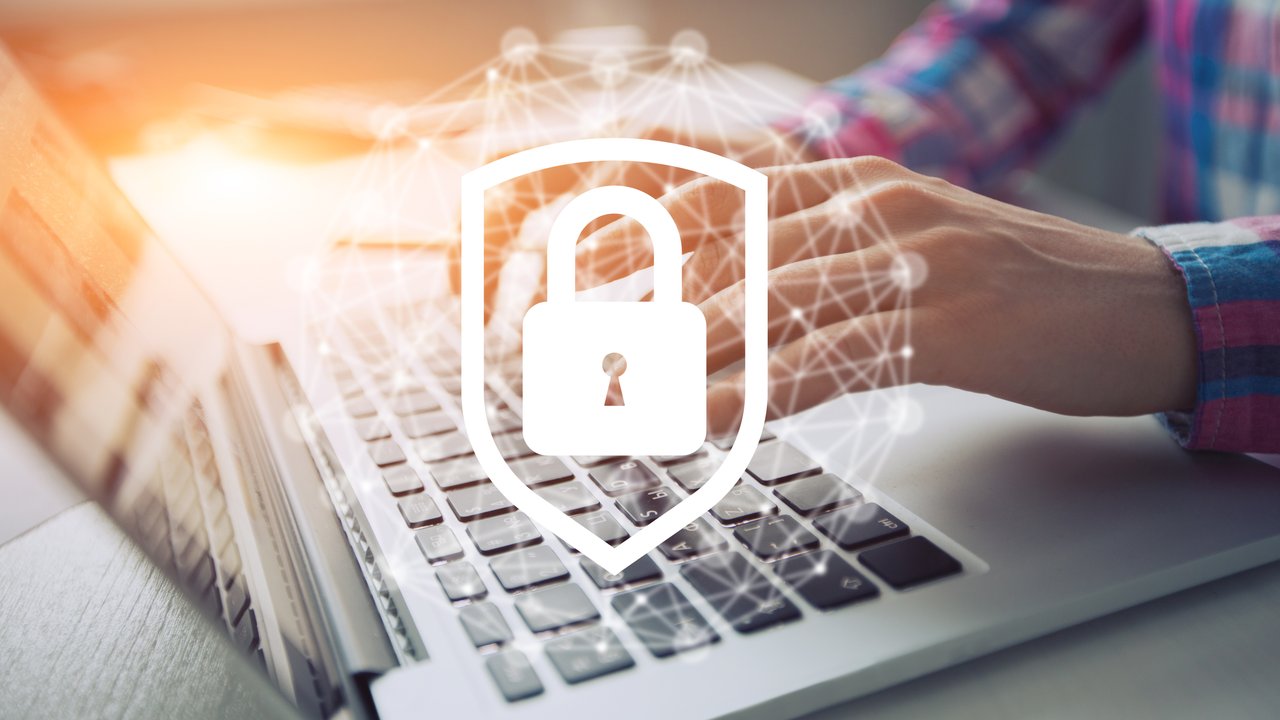 Let’s talk data privacy. 5 trends we’re seeing. Network security icon with graphic diagram on screen background.