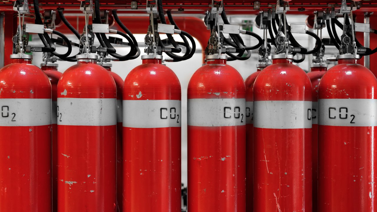 Large CO2 fire extinguishers in a thermal power plant