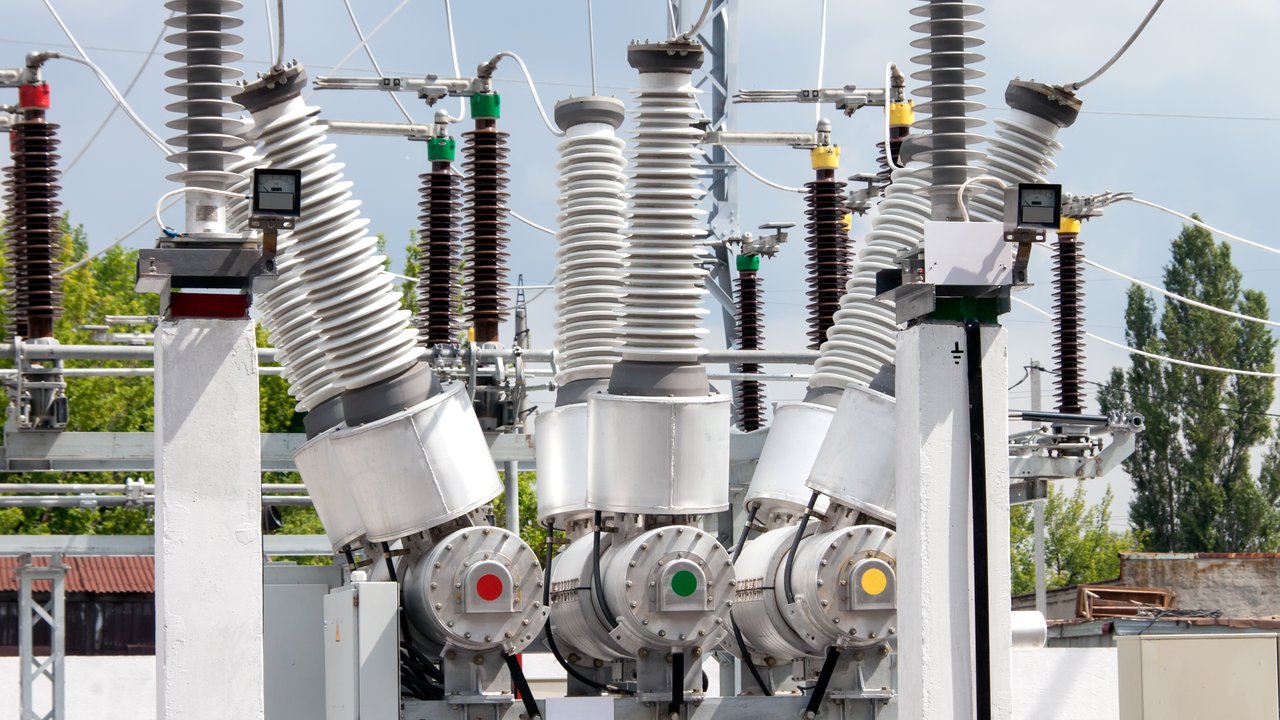 High voltage electric power substation in summer day