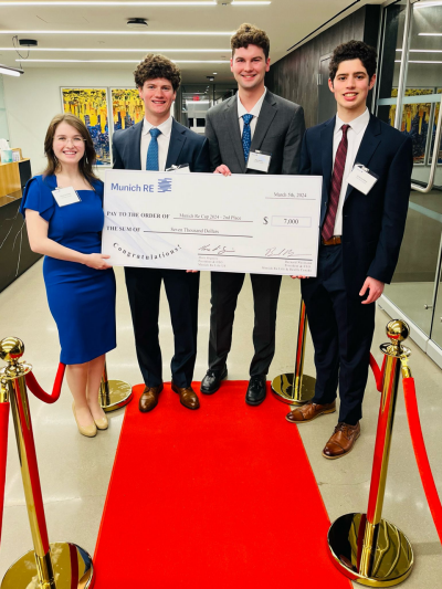 2024 MR Cup Second Place Winners Anthony Padula, Sean Michael Gordon, Matthew David Bretz, Olivia Lechthaler from Penn State University posing with their winning check.