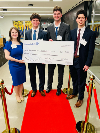 2024 MR Cup Second Place Winners Anthony Padula, Sean Michael Gordon, Matthew David Bretz, Olivia Lechthaler from Penn State University posing with their winning check.