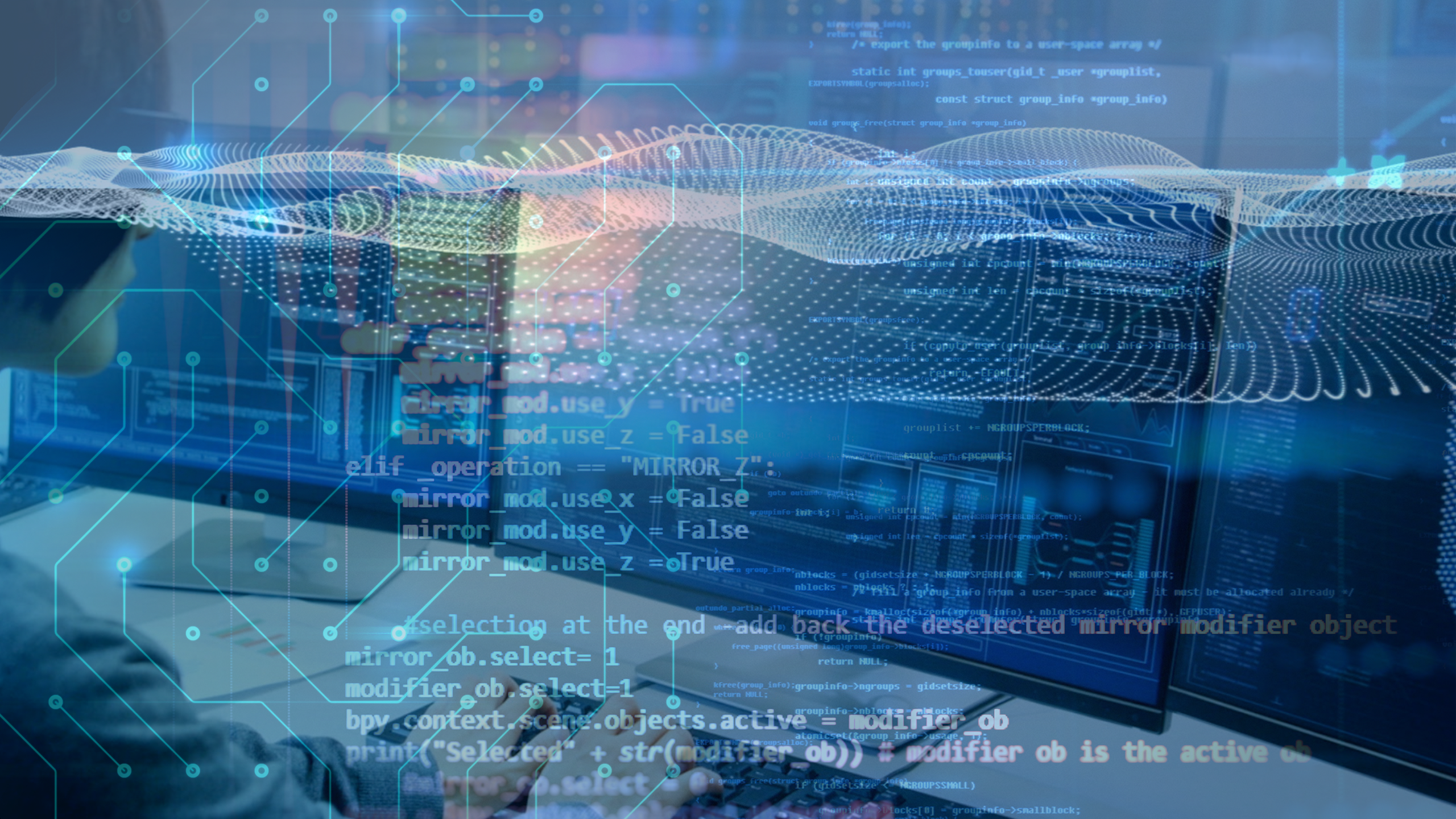 double exposure image of virtual human 3d illustration on blue circuit board background represent artificial intelligence AI technology