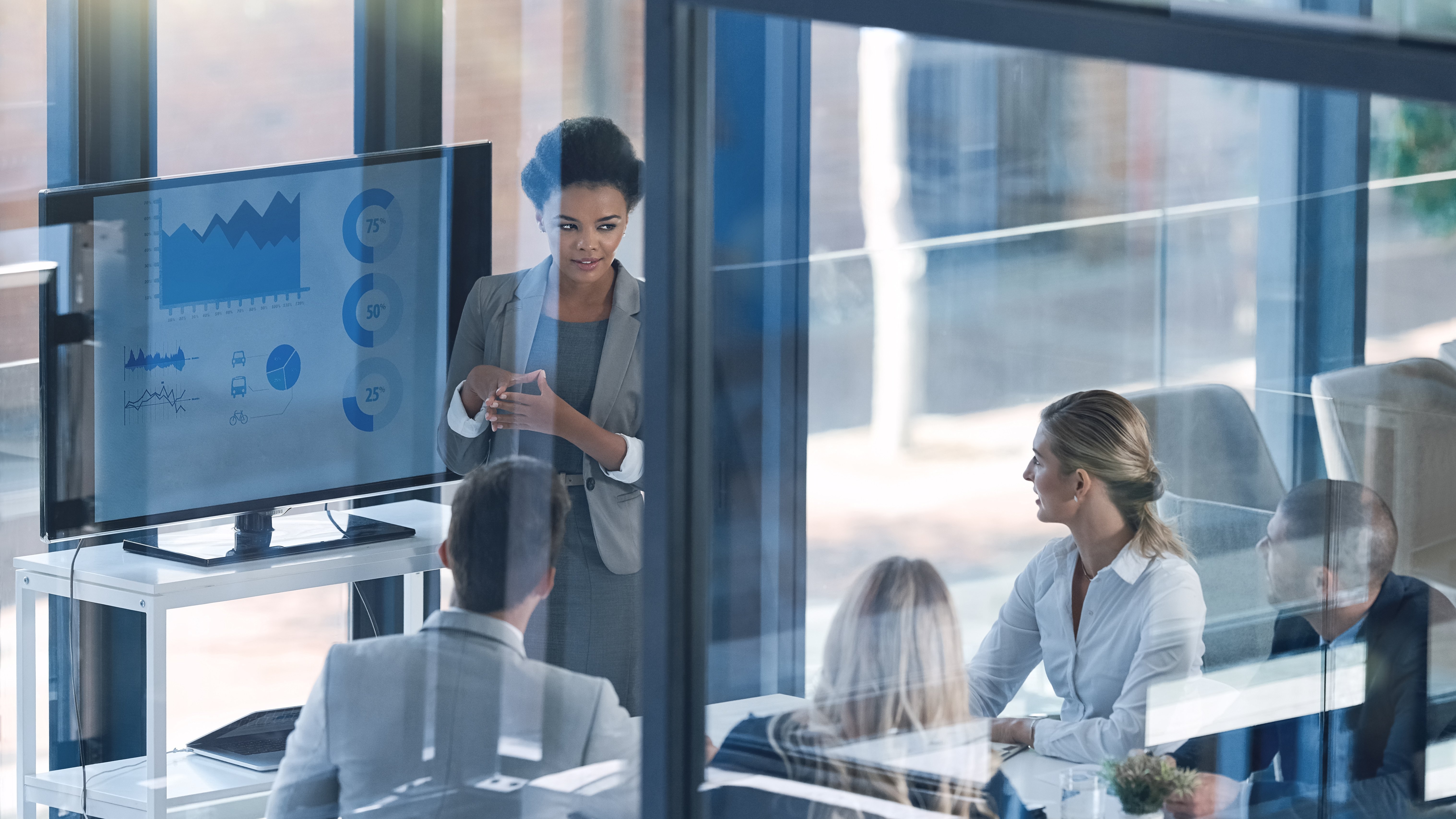 Female Financial Reinsurance expert presents deck from monitor outlining the benefits of utilizing reinsurance structures for client