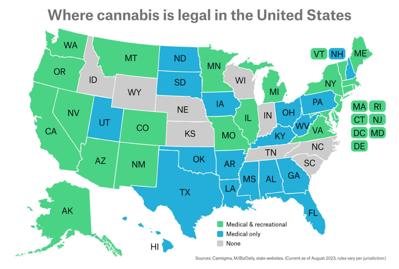 map of legalization of marijuana in the US