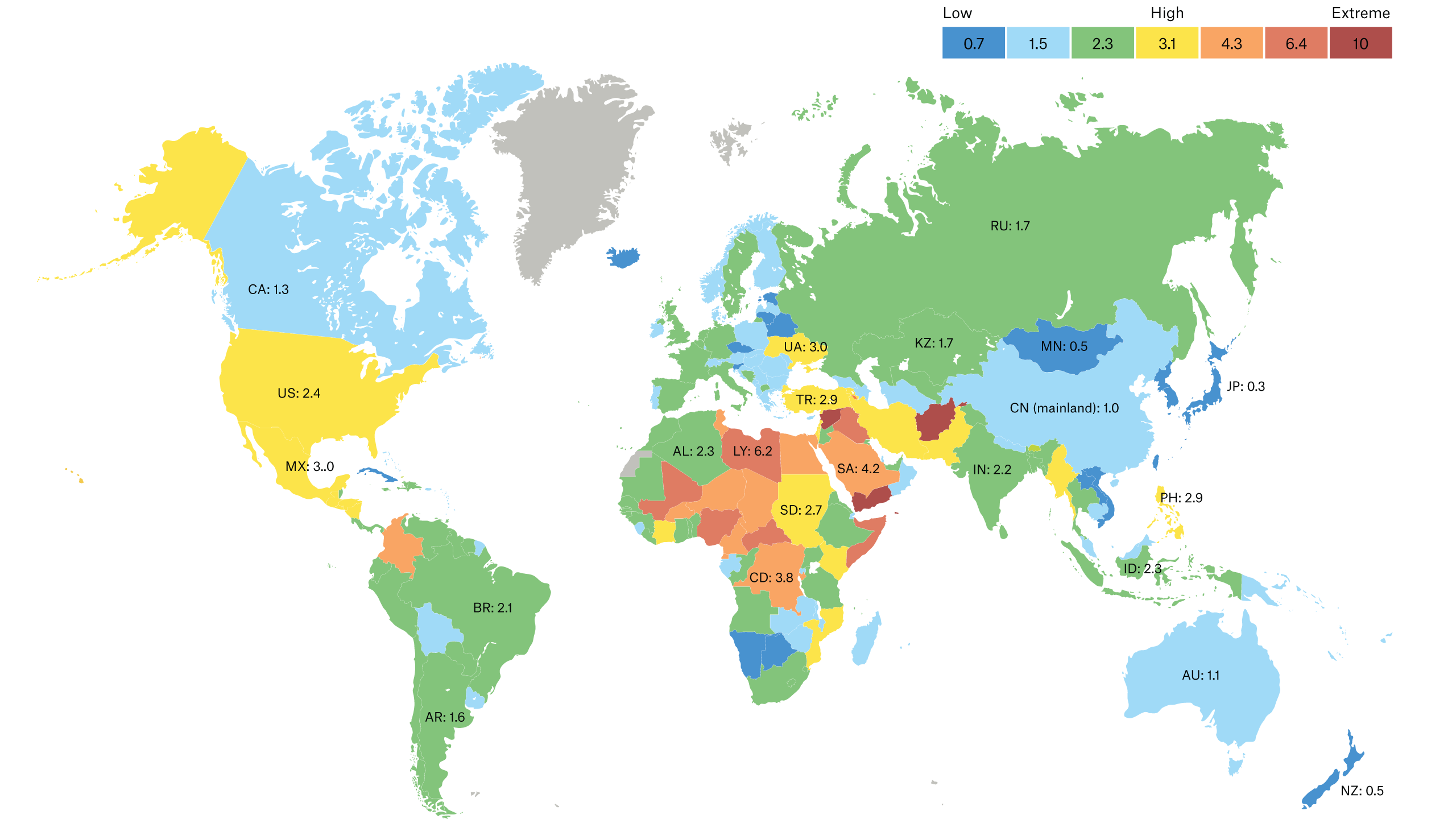 Map of the world with different terrorism levels