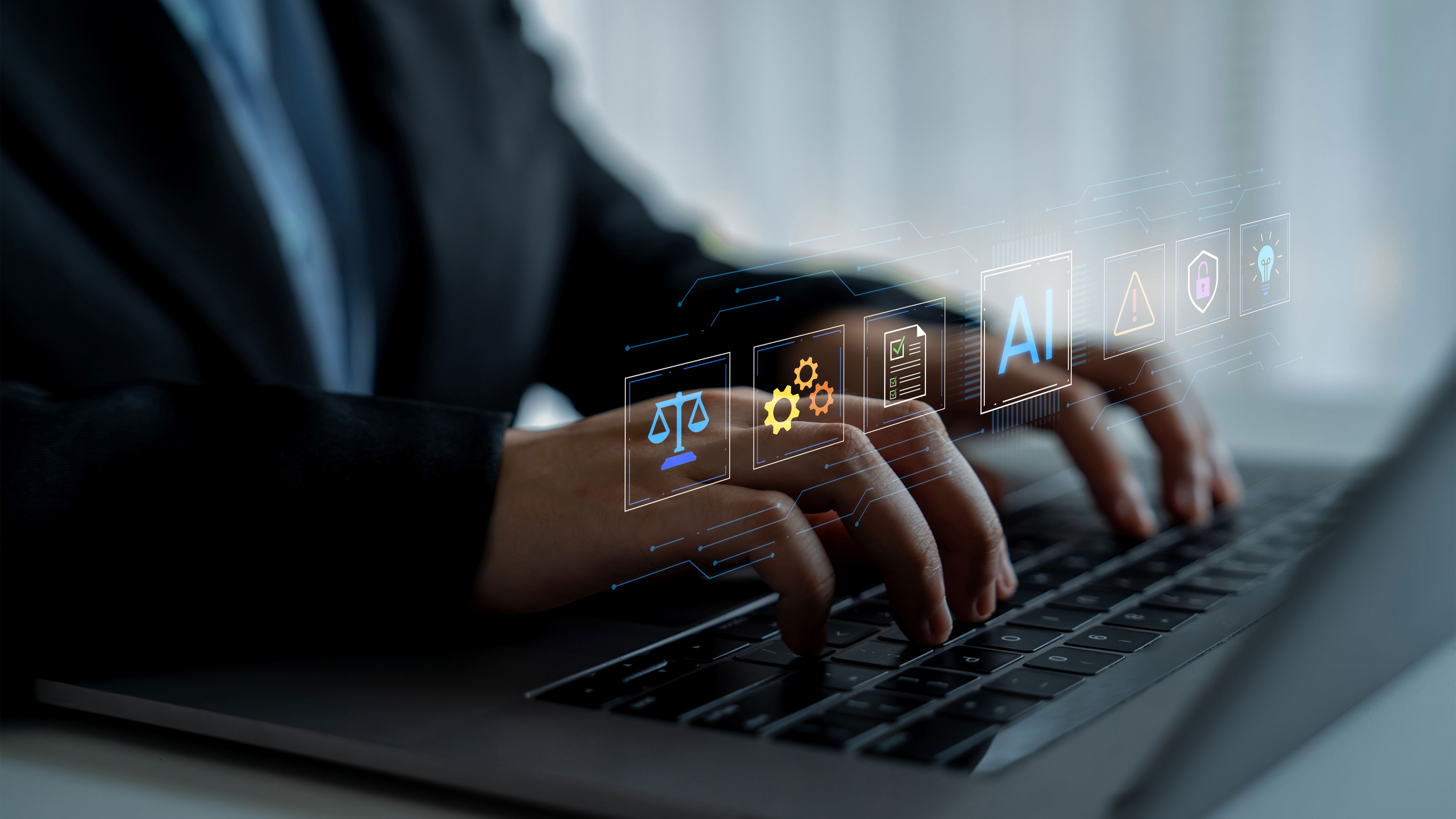 A person in a suit typing on a laptop with digital icons representing law, AI, and security above the keyboard.