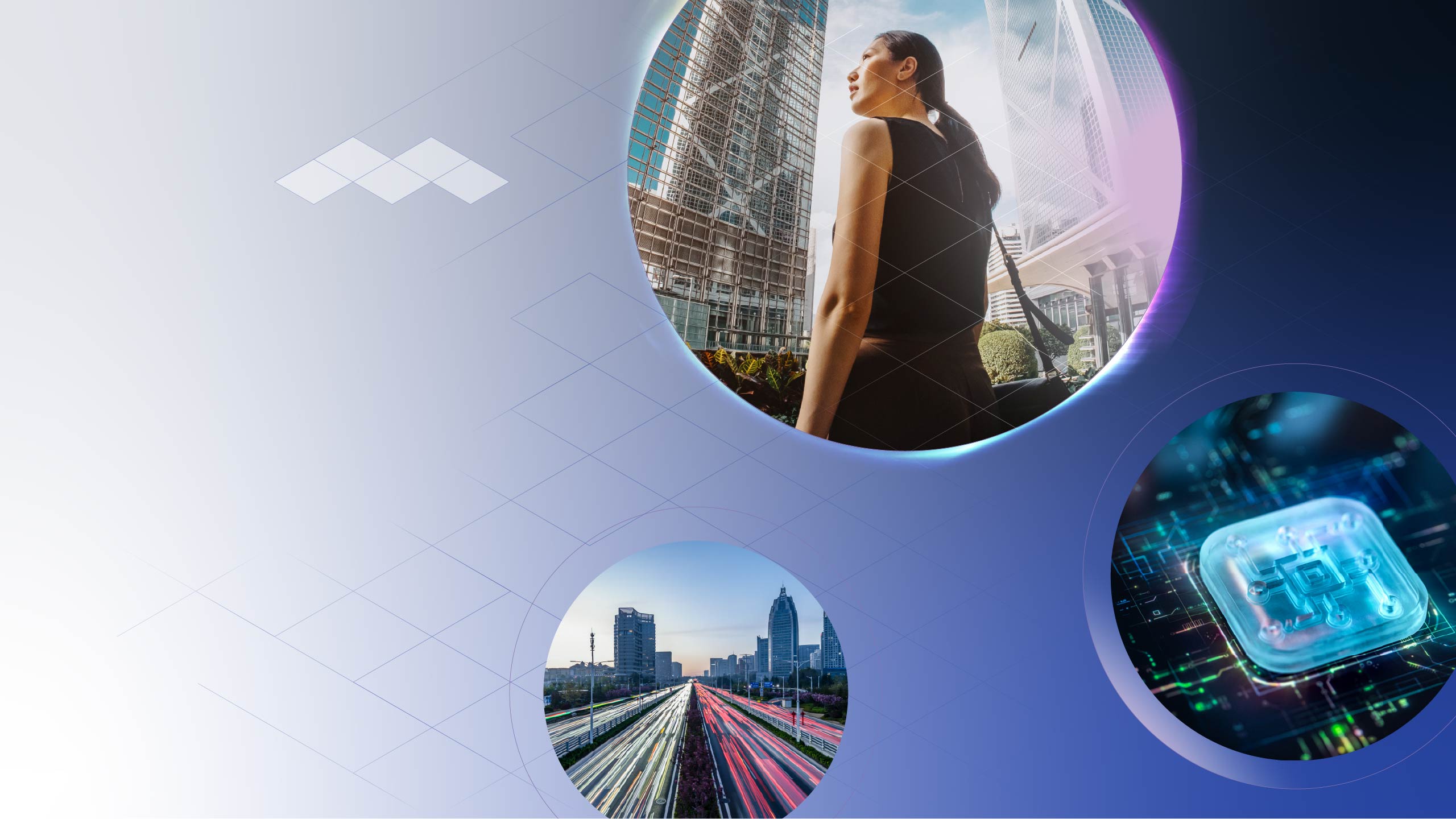 Modern Cityscape with Technology Elements A woman stands near modern buildings, with city traffic and a circuit board graphic in circular overlays.