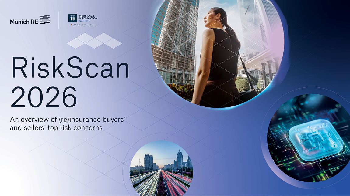 Cover of "RiskScan 2026" report featuring a woman, city skyline, and digital technology images.