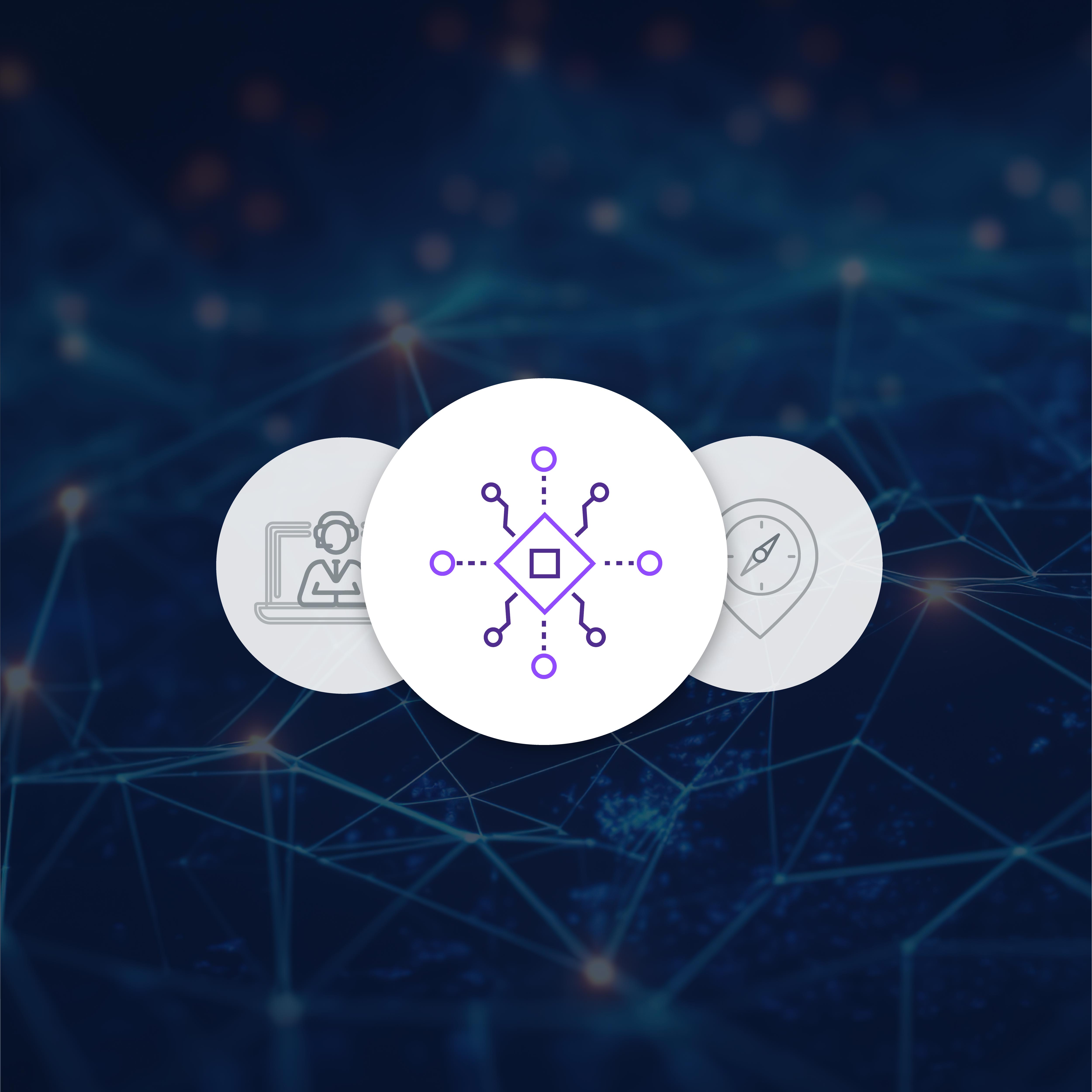 Digital Network Connectivity Concept A digital graphic featuring interconnected icons on a dark, abstract background.