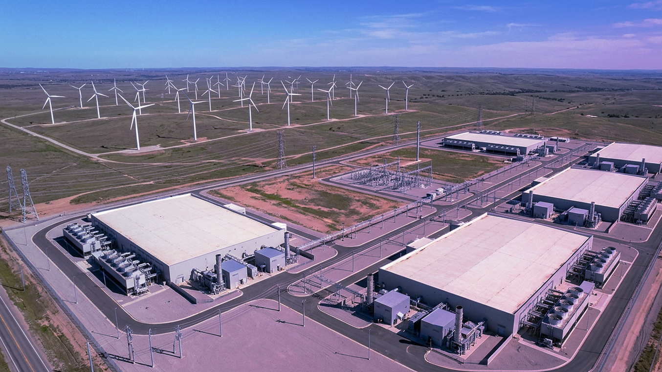 Aerial view of a wind farm with multiple turbines and industrial buildings, including power generation facilities.