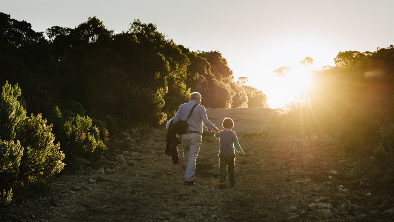 Parque Nacional do Itatiaia or Itatiaia National Park (Rio de Janeiro State, Brazil). Back view of Senior adult (grandfather) and kid (grandson) holding hands, walking on beautiful sunny day direct to sunset, in road or rodovia BR-485, the highest road in Brazil, which crosses the Itatiaia National Park or Planalto de Itatiaia, near Morro da Antena or Antena Hill.