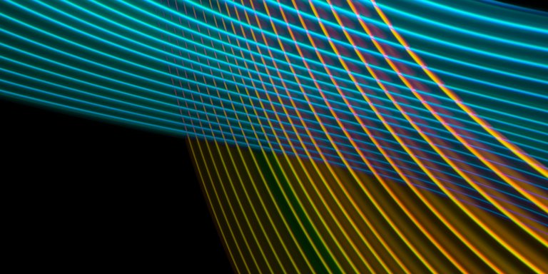 Futuristic blue curved and golden lines interlaced. Virtual environment. 3D.