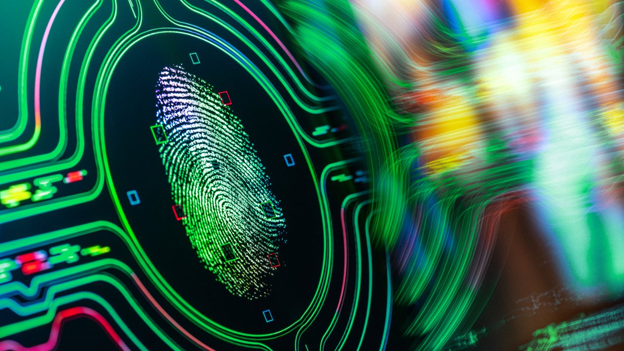 A colorful digital fingerprint surrounded by abstract lines and shapes on a dark background.